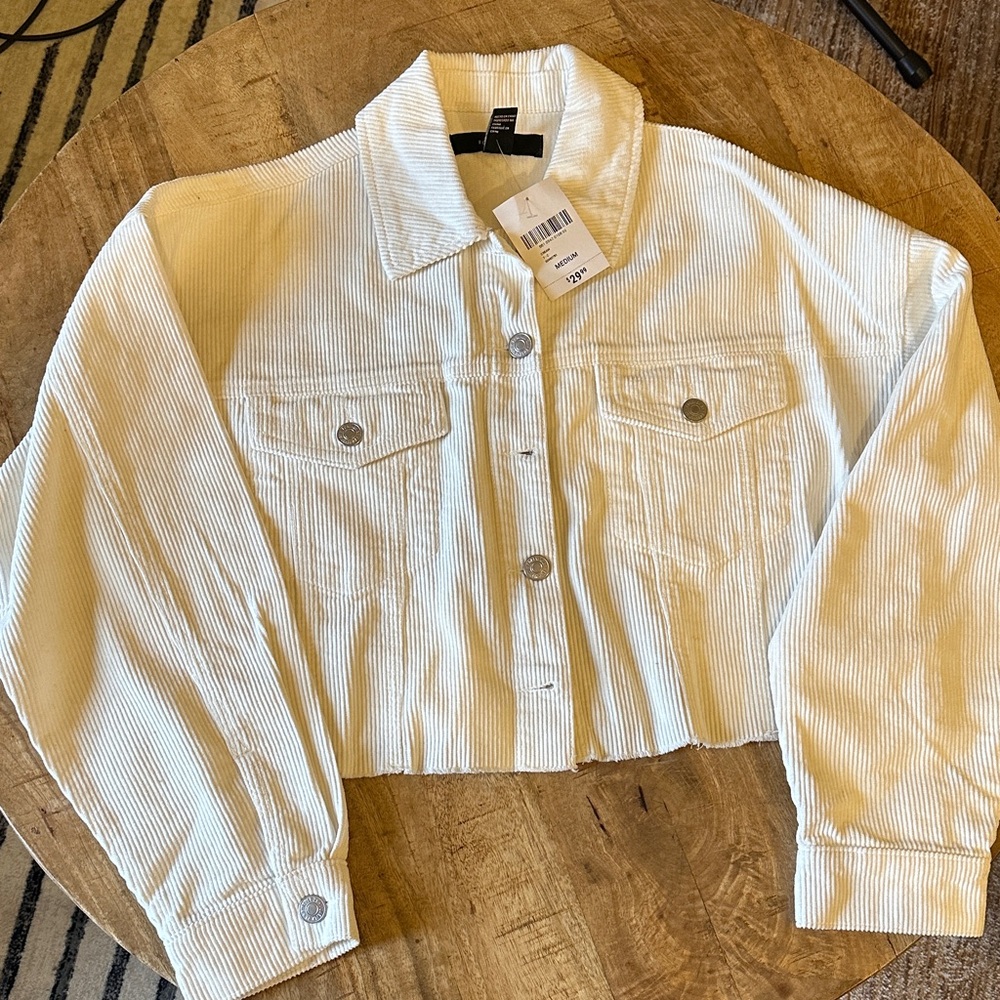 Forever 21 Cream Cropped Corduroy Jean Jacket